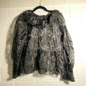 Black Sheer Top With Collar Size 8 Puff Sleeve Long Sleeve See Through Ruffles